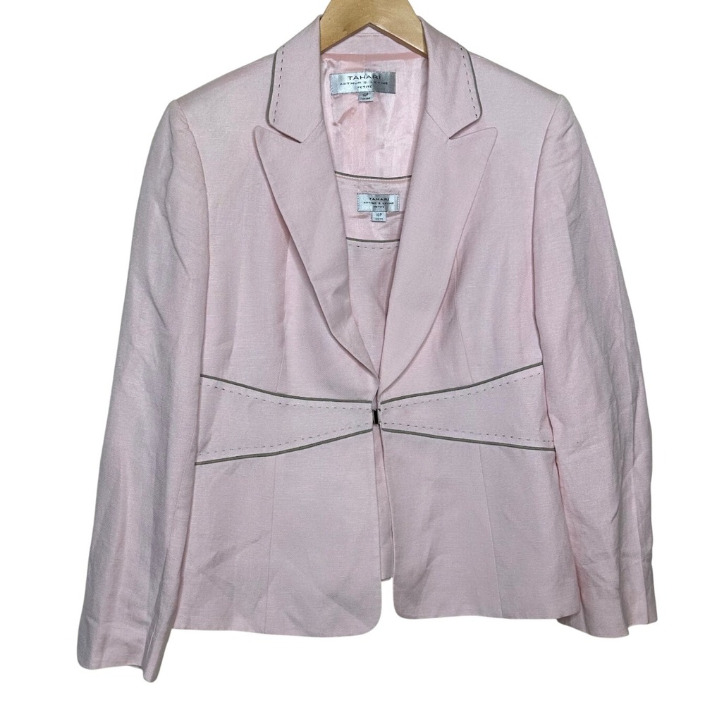 Tahari ASL Linen 2 Piece Blazer and Tank Set size 10 Petite Light Pink/Gray